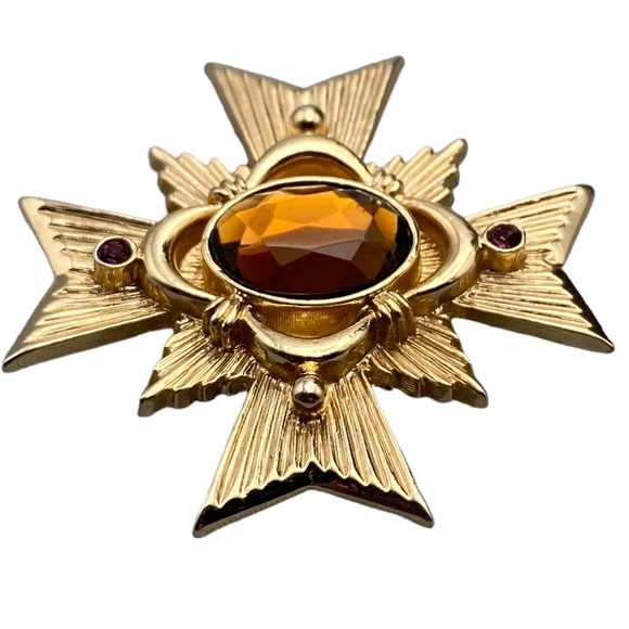 VTG 1983 Avon Allegro Maltese Cross Pendant/Brooch Topaz Color Oval Rhinestone - Picture 4 of 11